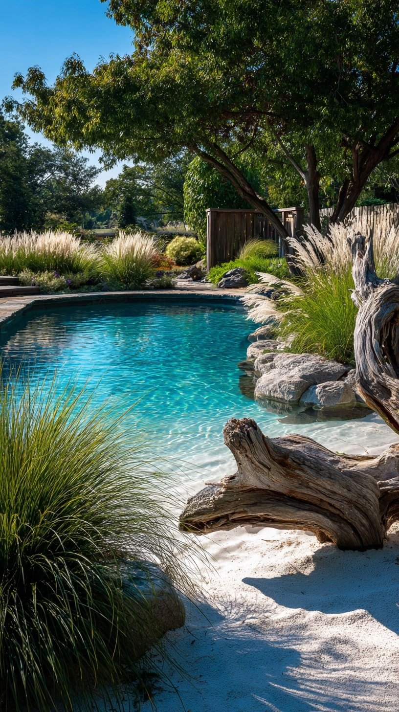 Driftwood for a Beach-Inspired Pool Edge