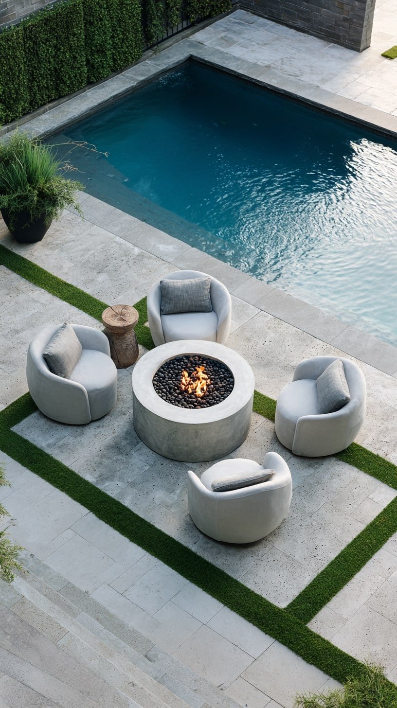 Poolside Zone with a Sculptural Fire Pit