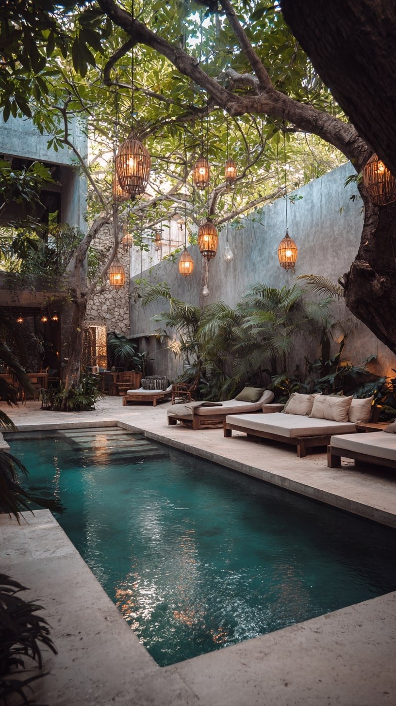 Rattan Lanterns Over a Tiled Plunge Pool