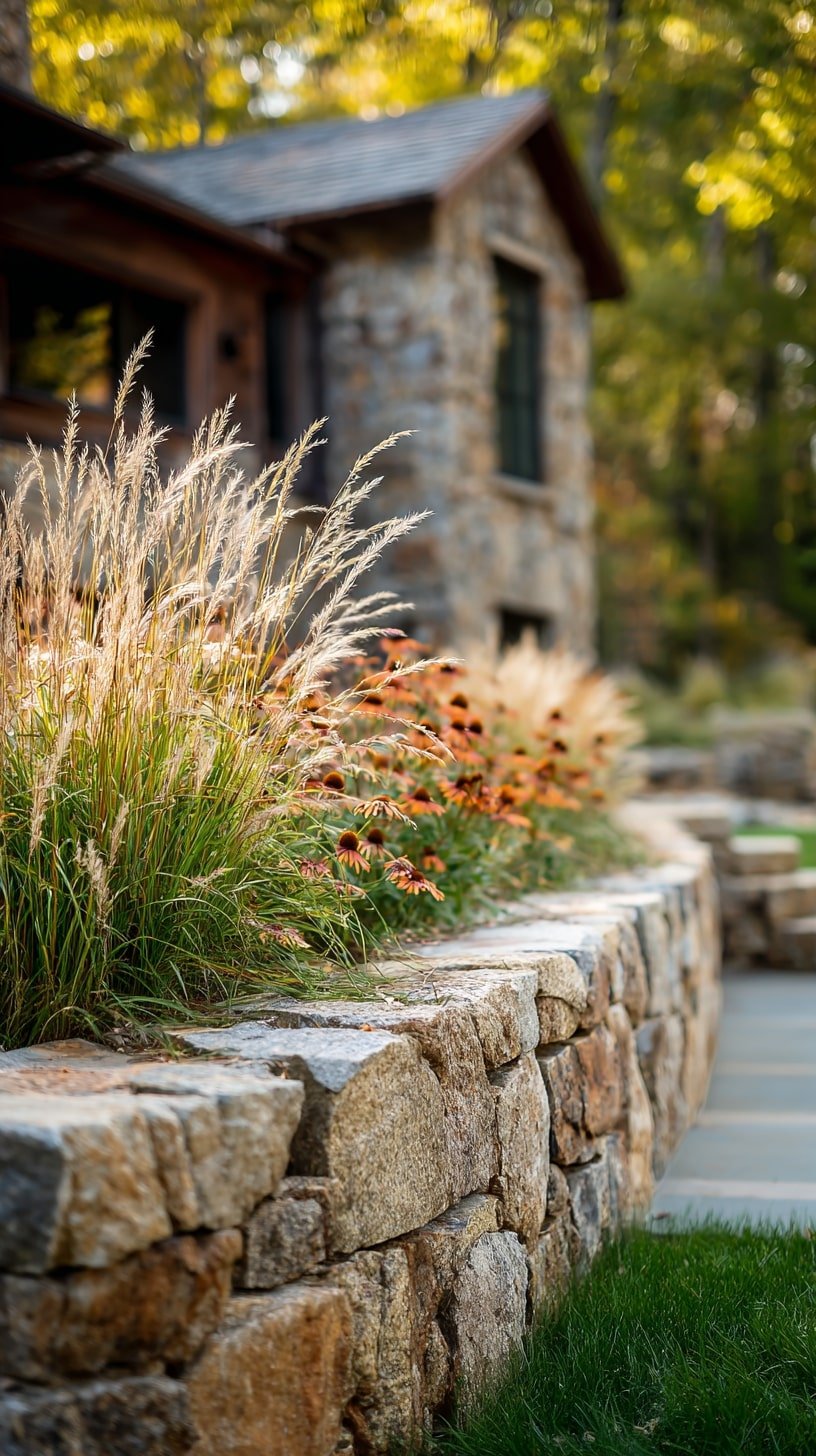  Top a Stone Retaining Wall with Flowing Grasses for Soft Screening