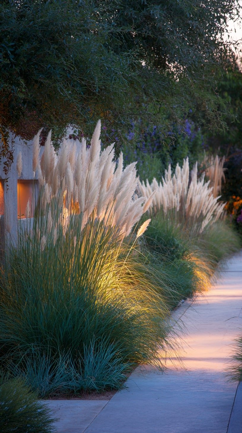 Highlight Pampas Grass with Path Lighting for Nighttime Privacy