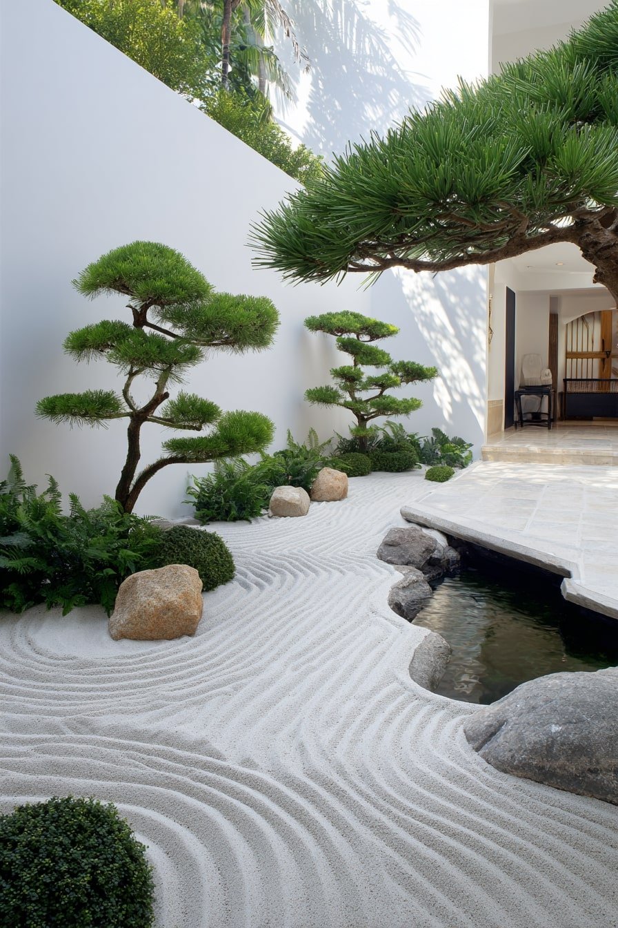  Shape a Zen Garden with Raked Sand and Sculpted Greenery