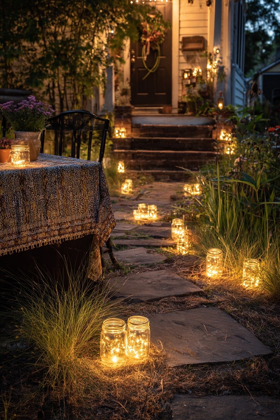 Line a Garden Path with Mason Jar Fairy Lights for Soft Guidance