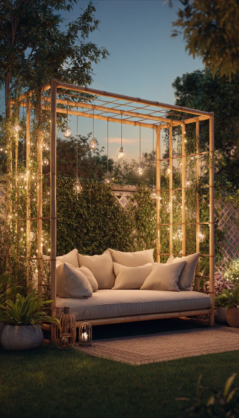 Fairy Lights Over a Bamboo Trellis