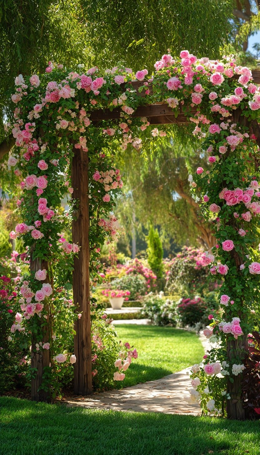 Climbing Roses Along a Wooden Arbor