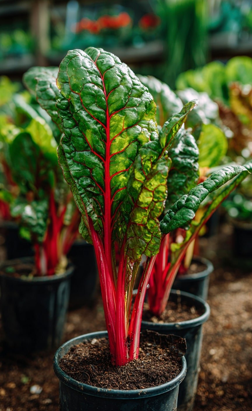 Rainbow Chard in Black Pots