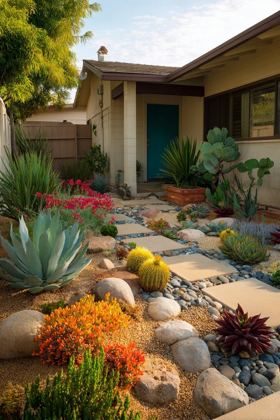  Pair Succulent Clusters with a Stone-Edged Path for Water-Wise Impact