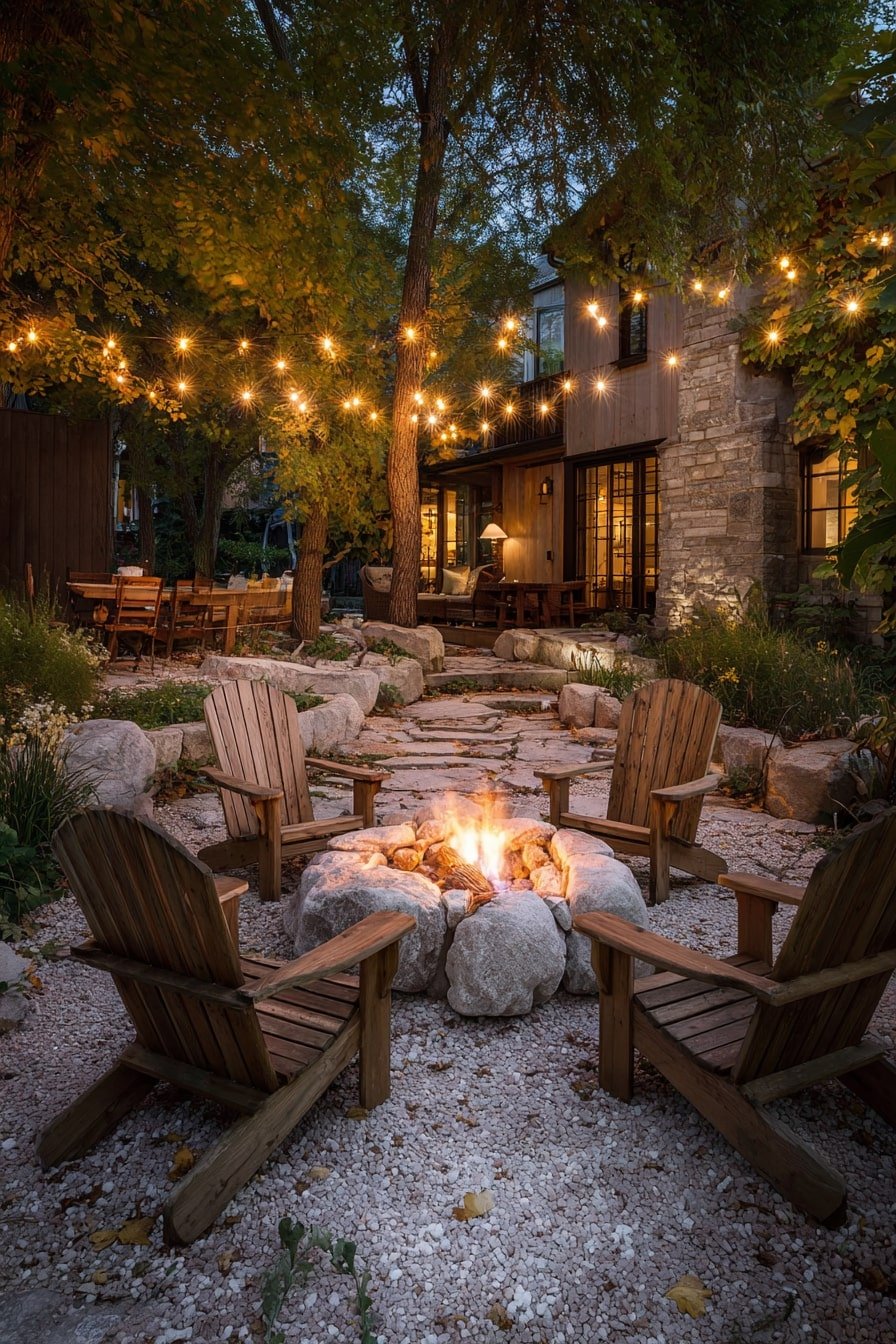 Circle Adirondack Chairs Around a Stone Fire Pit