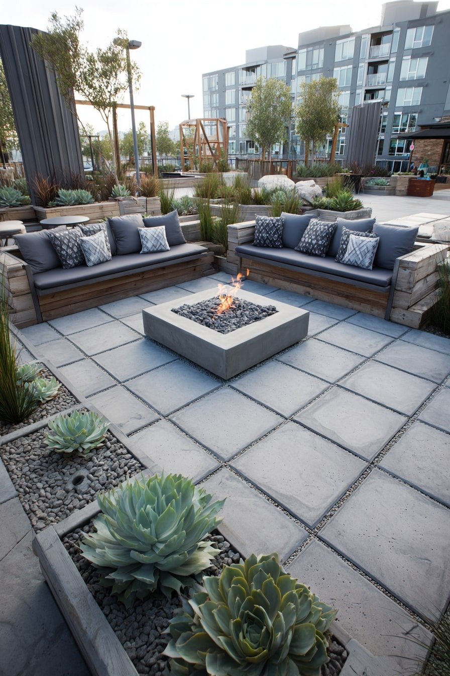 Anchor Your Patio with a Sunken Fire Pit and Symmetrical Seating