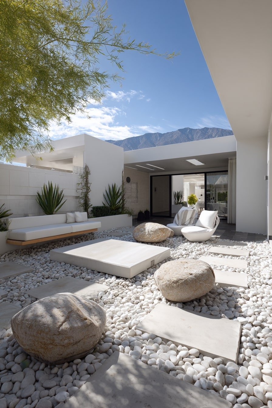Use White Pebbles and Low Seating for a Minimalist Courtyard Flow