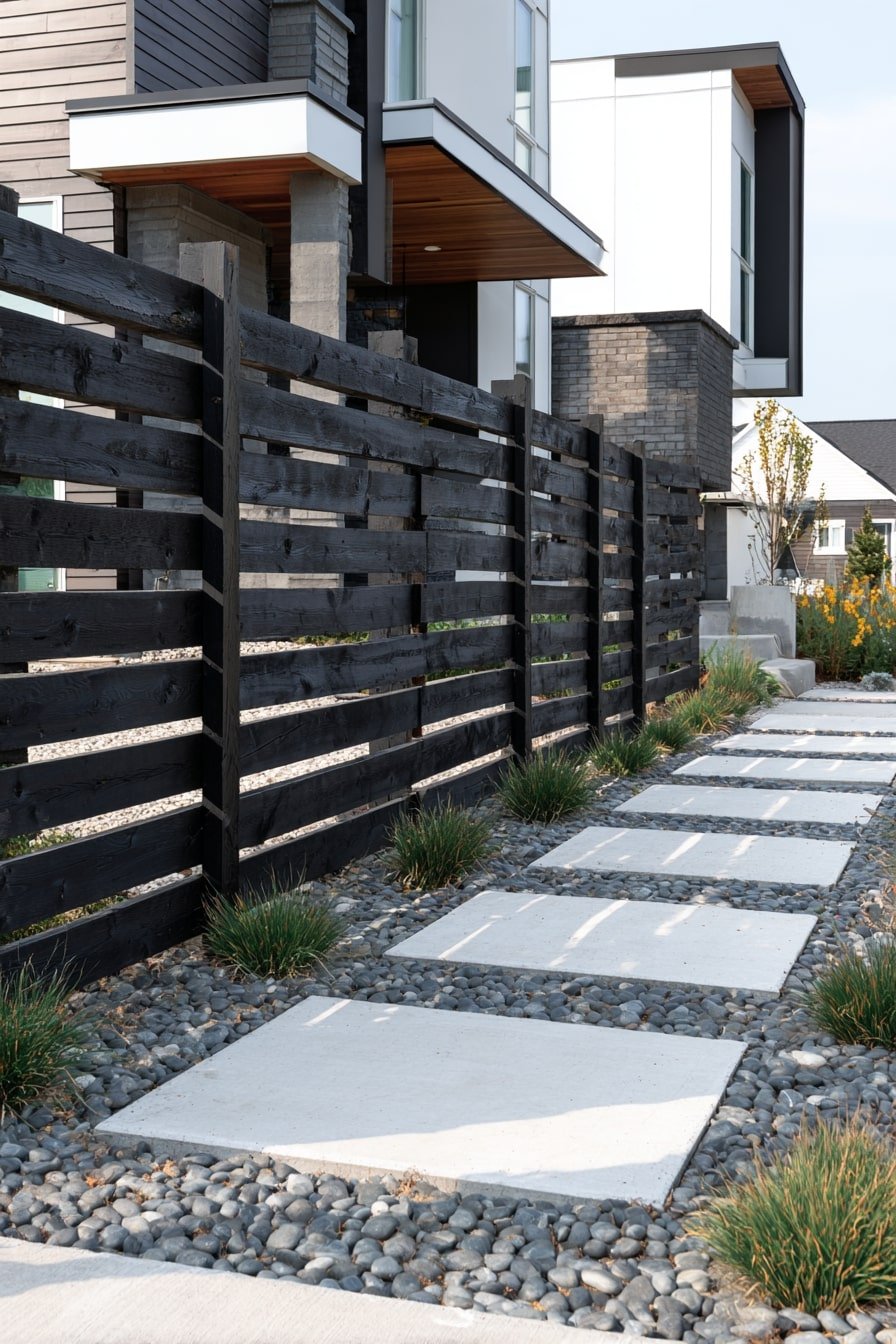 Pair Black Slatted Fencing with Crisp Stepping Pads