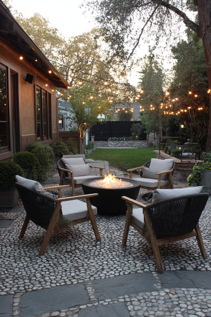 String Café Lights Above a Pebble Patio for All-Night Ambience