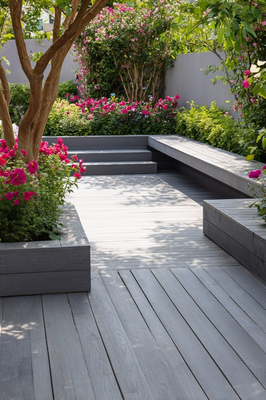 Frame a Deck with Built-In Benches and Layered Flower Beds

