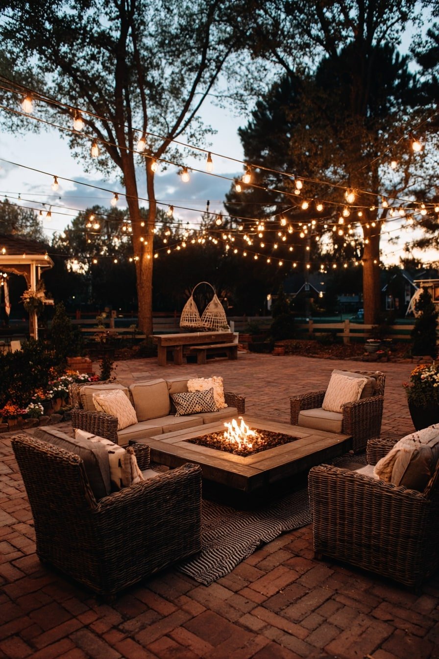 Pair Overhead String Lights with a Fire Table for Layered Warmth