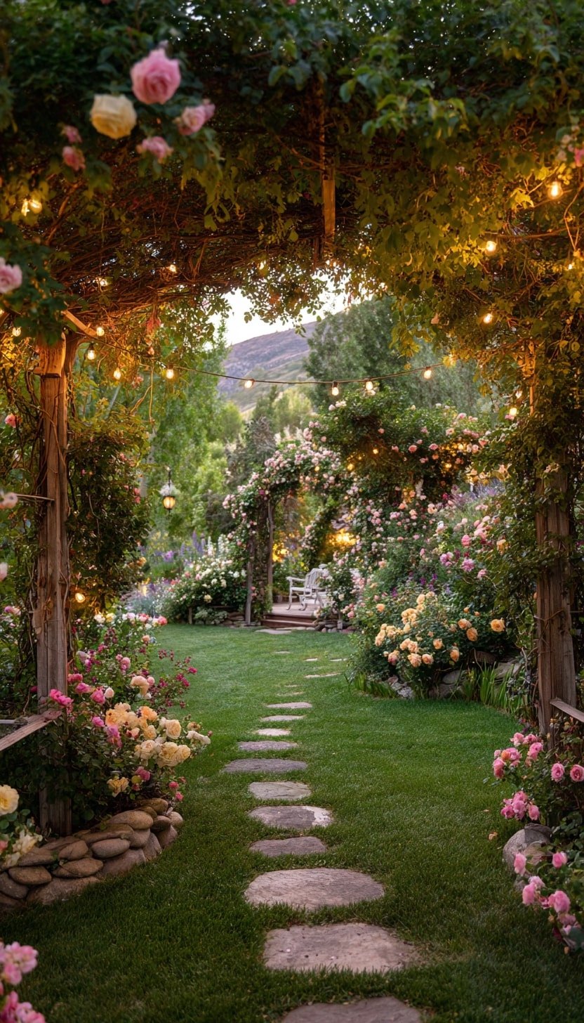String Lights Through a Rose-Covered Archway