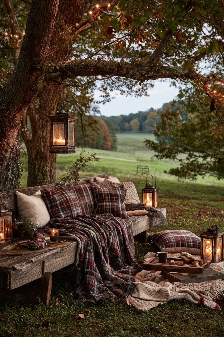 Layer Plaid Throws and Lanterns for a Rustic Retreat