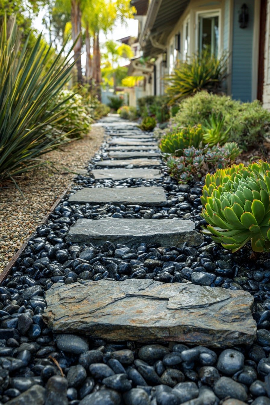 Lay Stepping Stones over Polished River Rock for a Textured Walkway