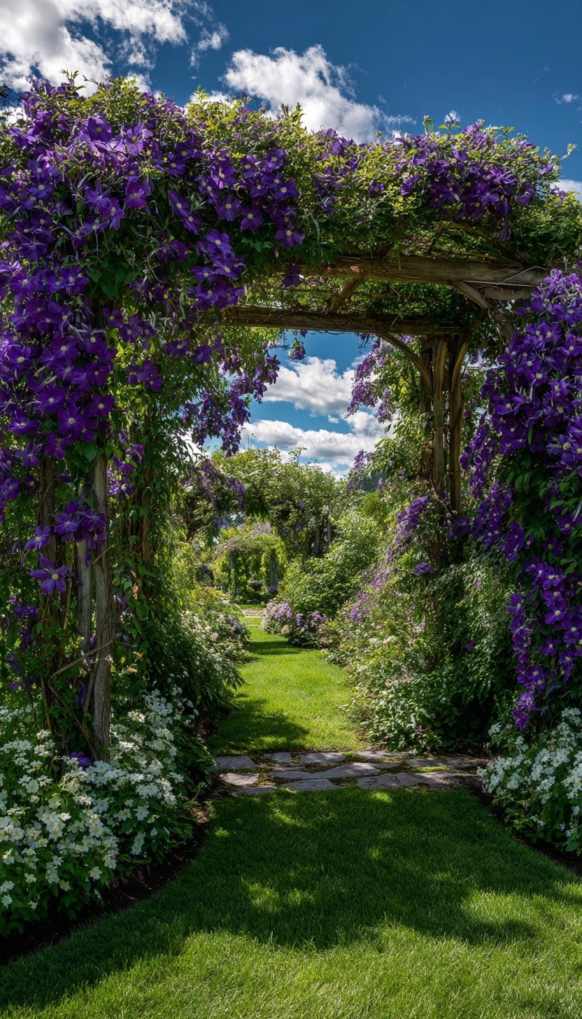 Rustic Pergola in Clematis for Dramatic Bloom