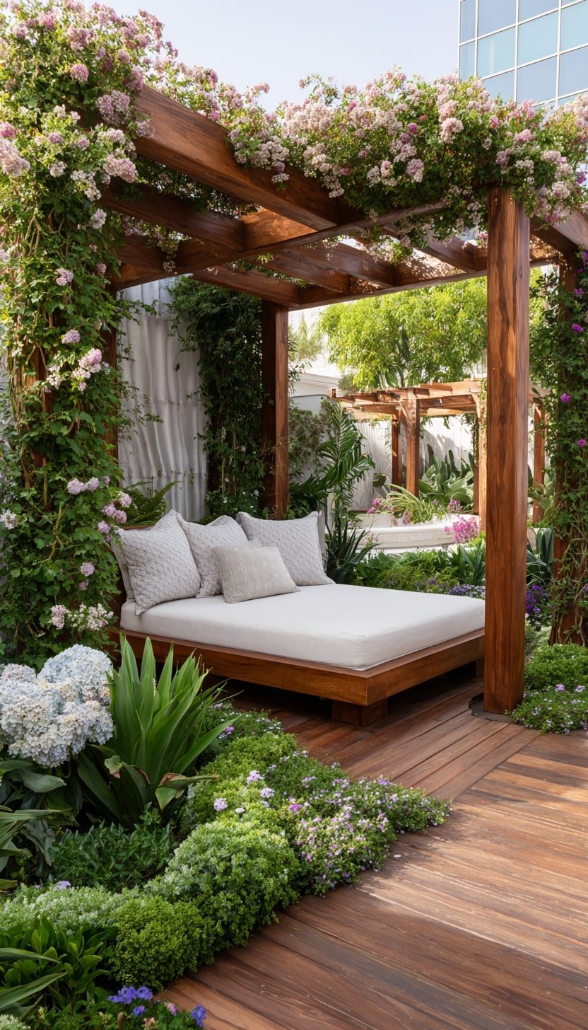 Lounge Area with a Flower-Draped Pergola