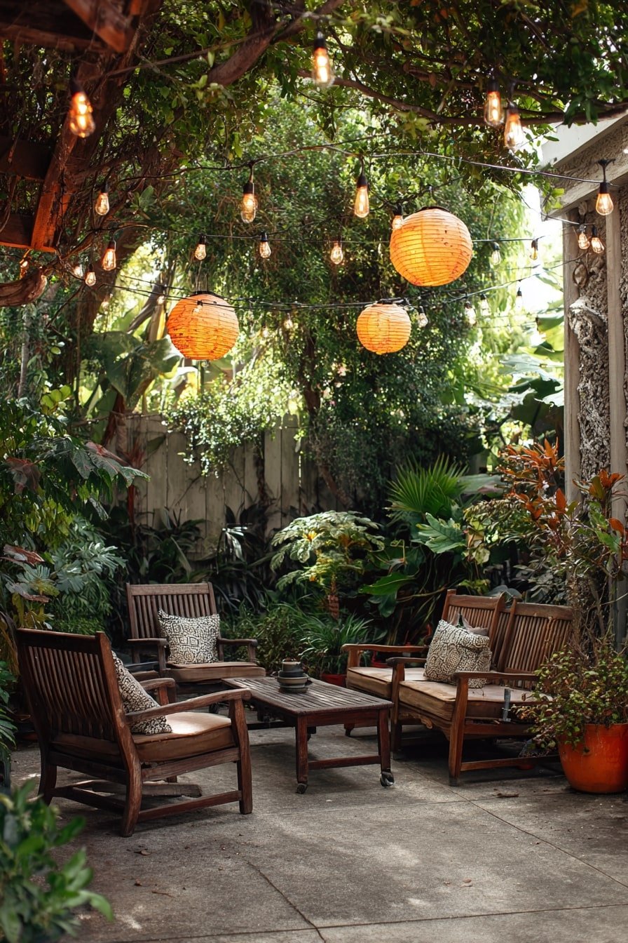 Layer String Bulbs and Paper Lanterns for Depth and Warmth