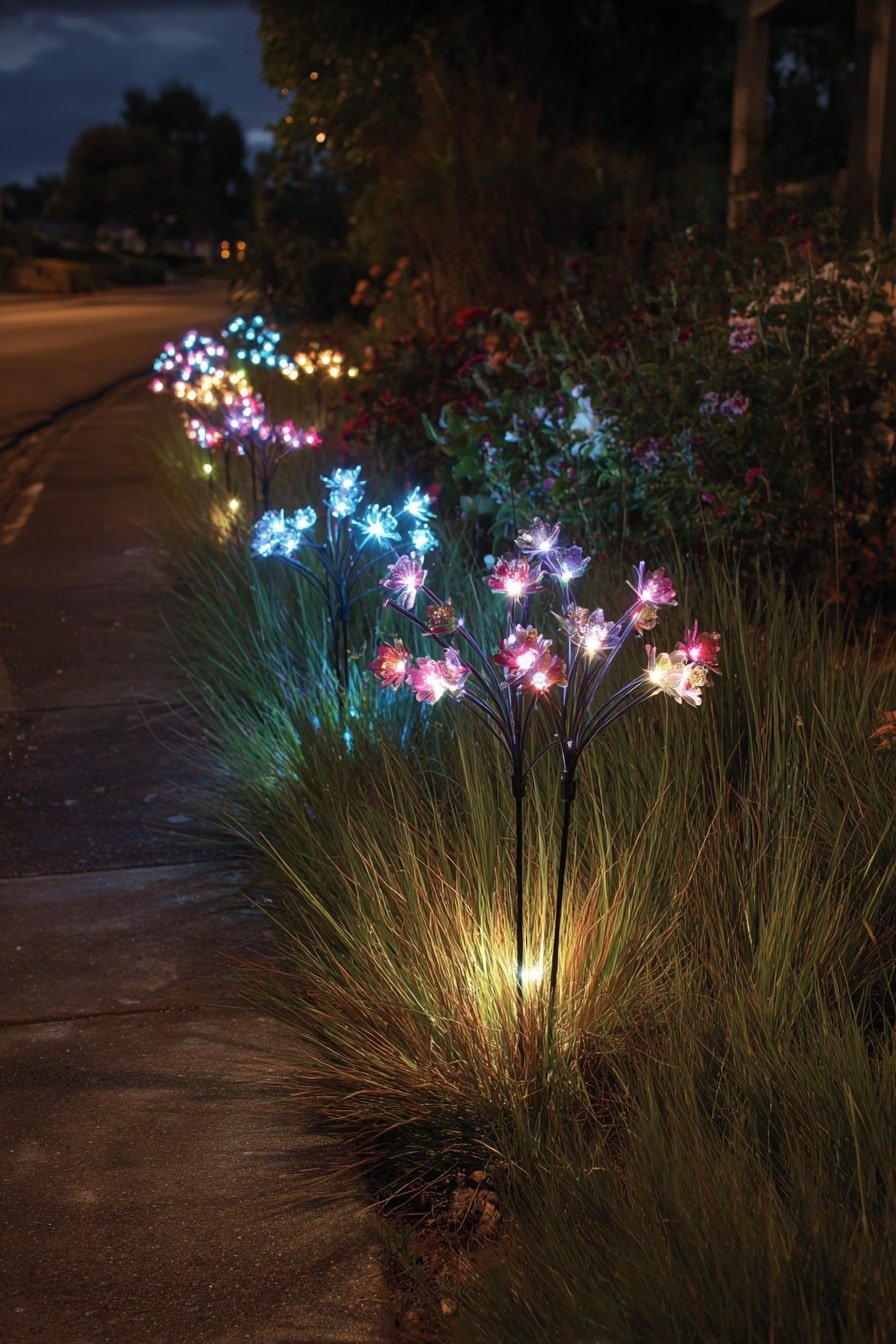 Line Flower Beds with Solar Bloom Lights for Playful Color