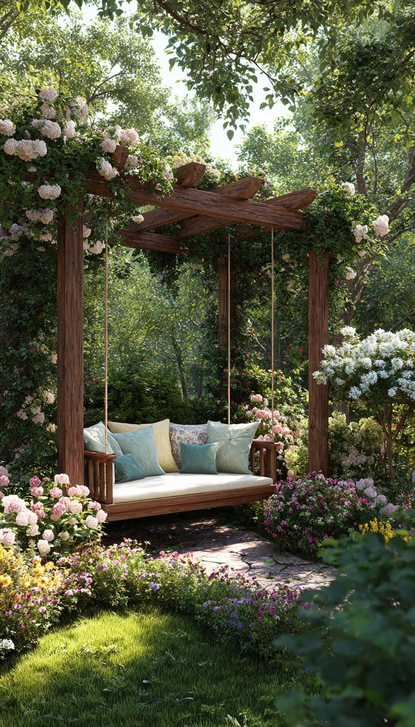 Garden Swing Under a Rustic Pergola