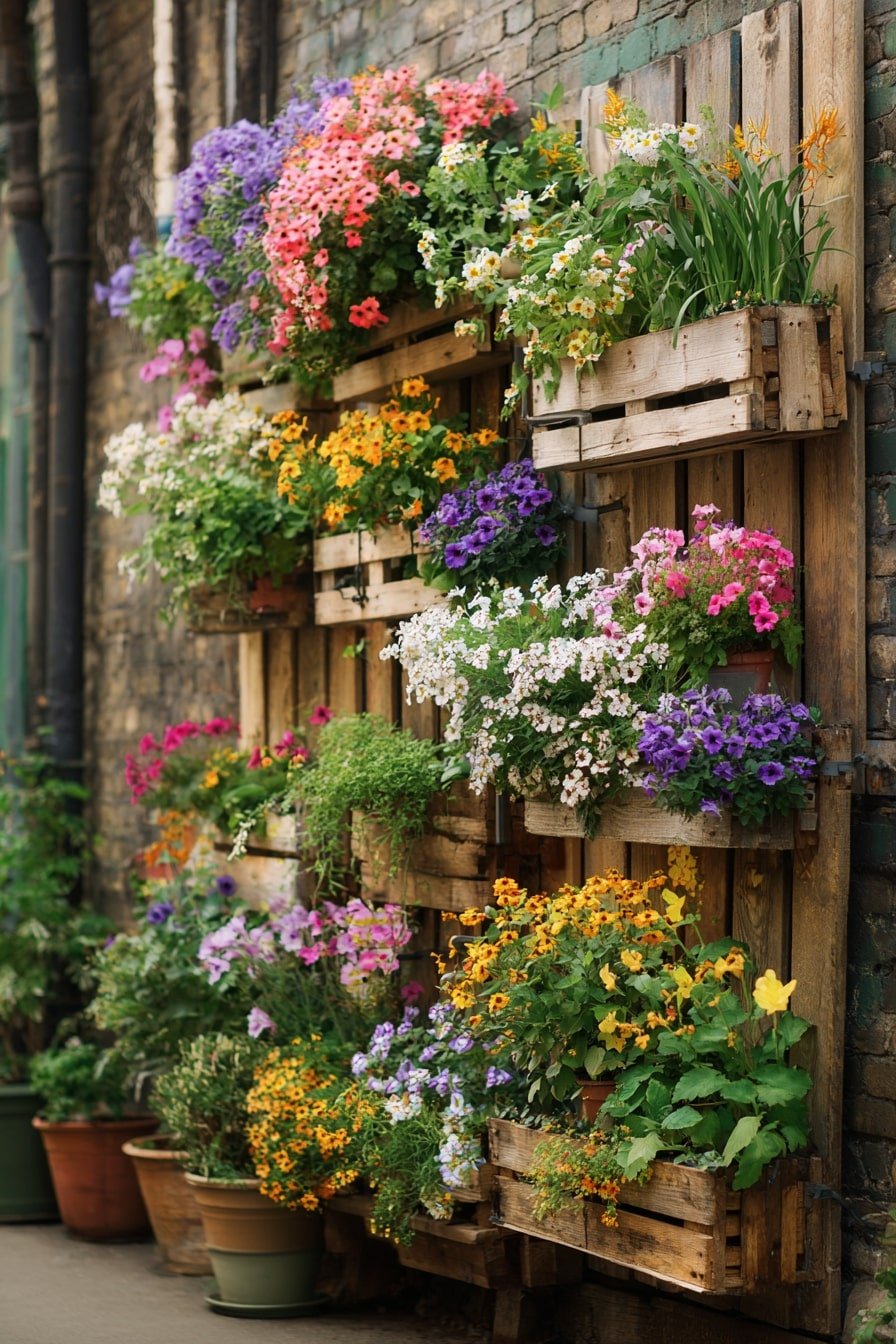 Layer Cascading Blooms on a Weathered Pallet Wall