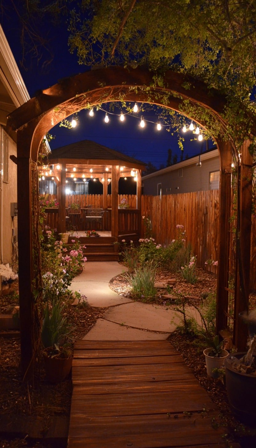 Lit Archway Toward a Garden Pergola